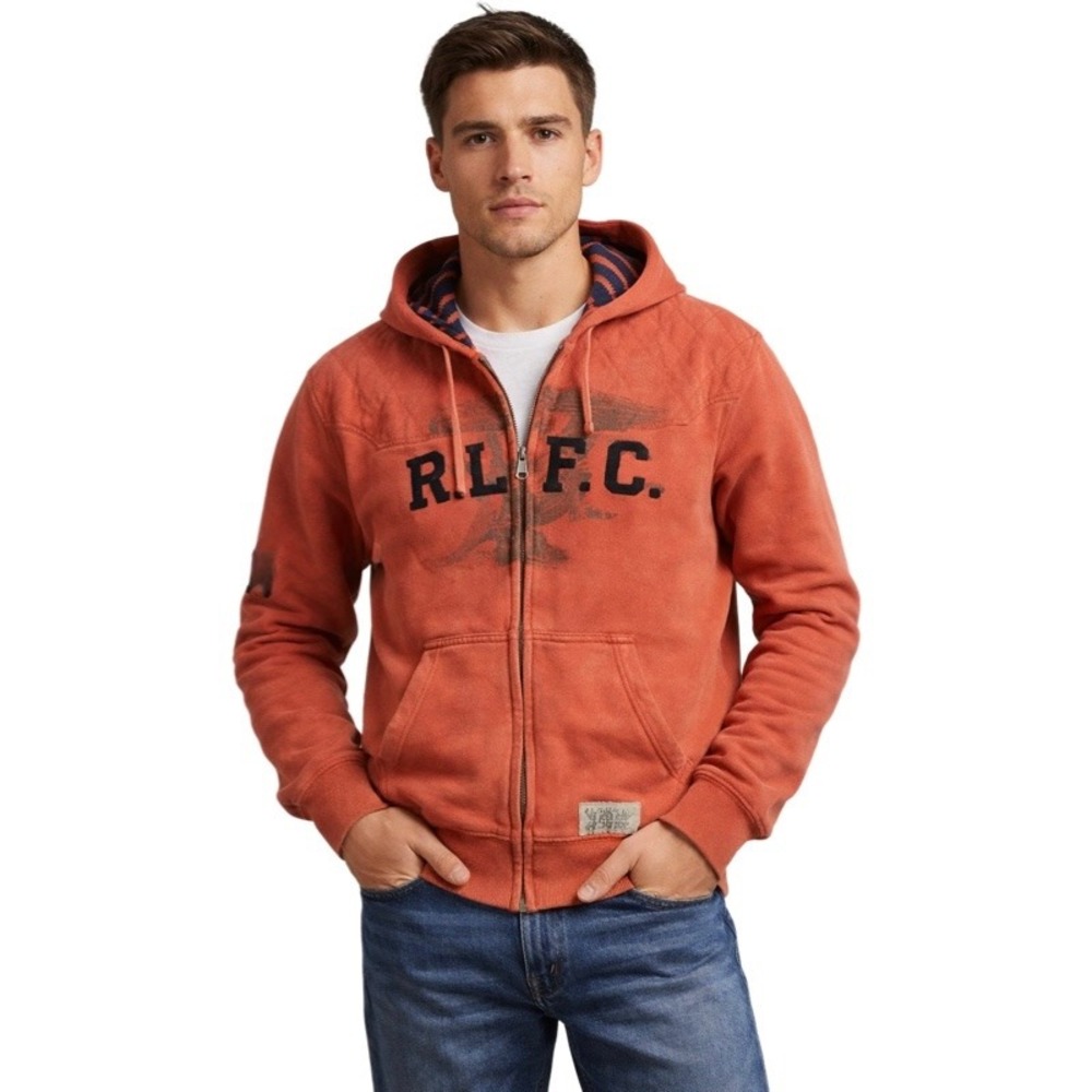RALPH LAUREN RUGBY Vintage Athletic‎ Full Zip Hoodie Orange Quilted Mens XL